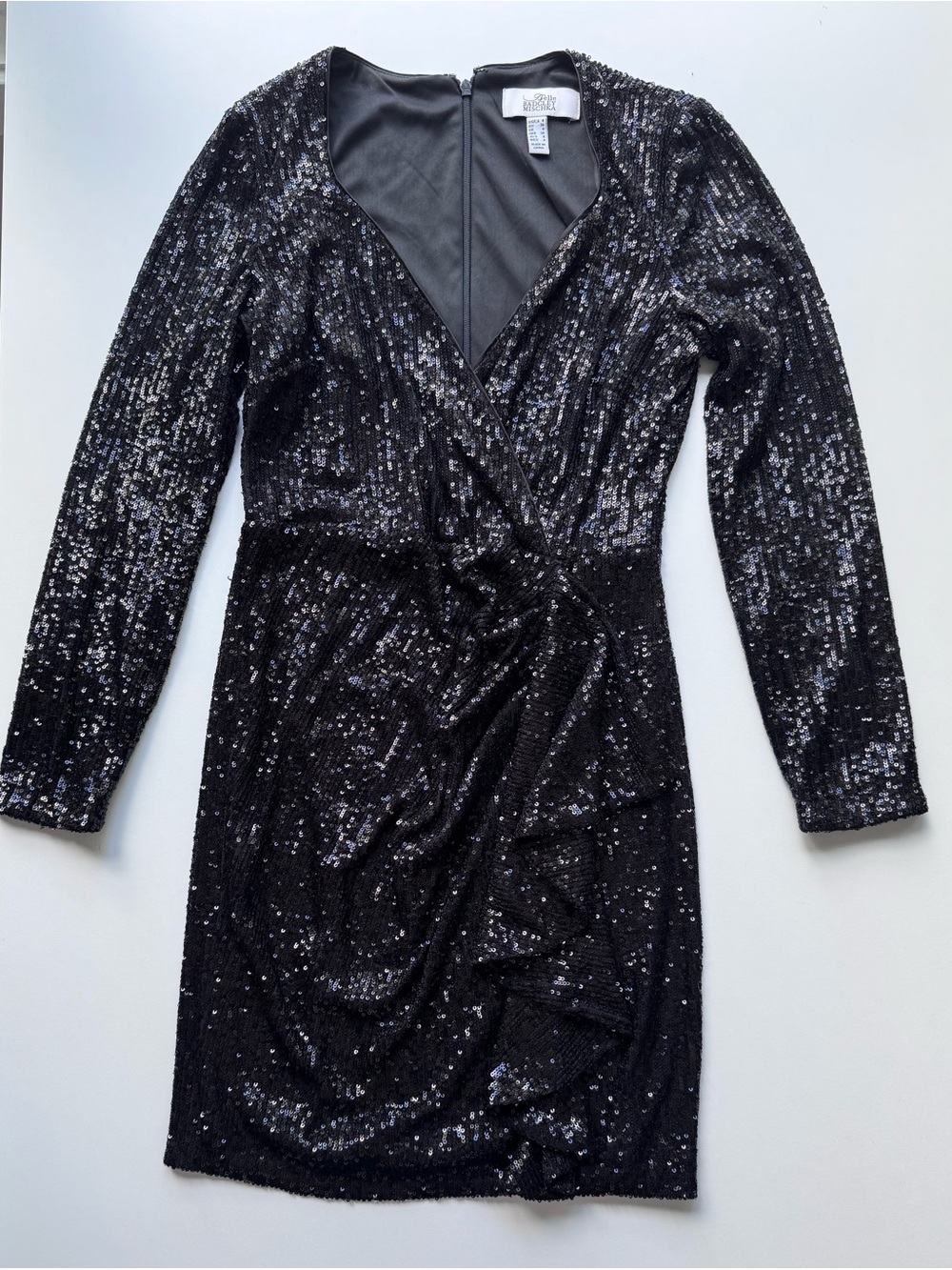Belle Badgley Mischka Black Sequin Wrap Mini Dress Long Sleeve Ruffle Sz 4